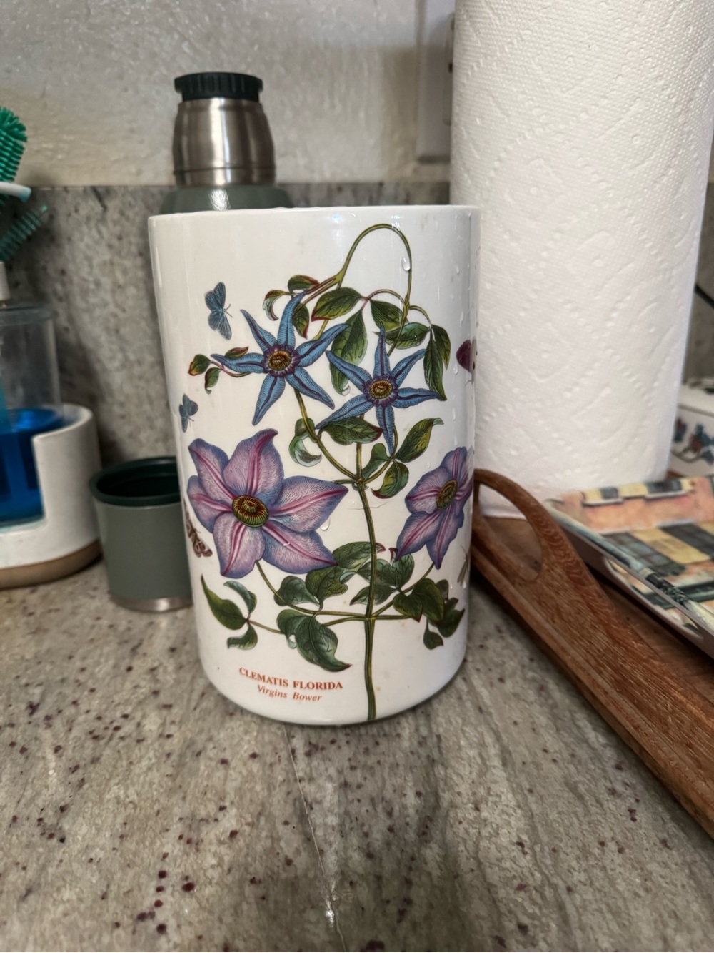 Portmeirion White Ceramic Canister (no lid) with Purple and Blue Clematis Motif
